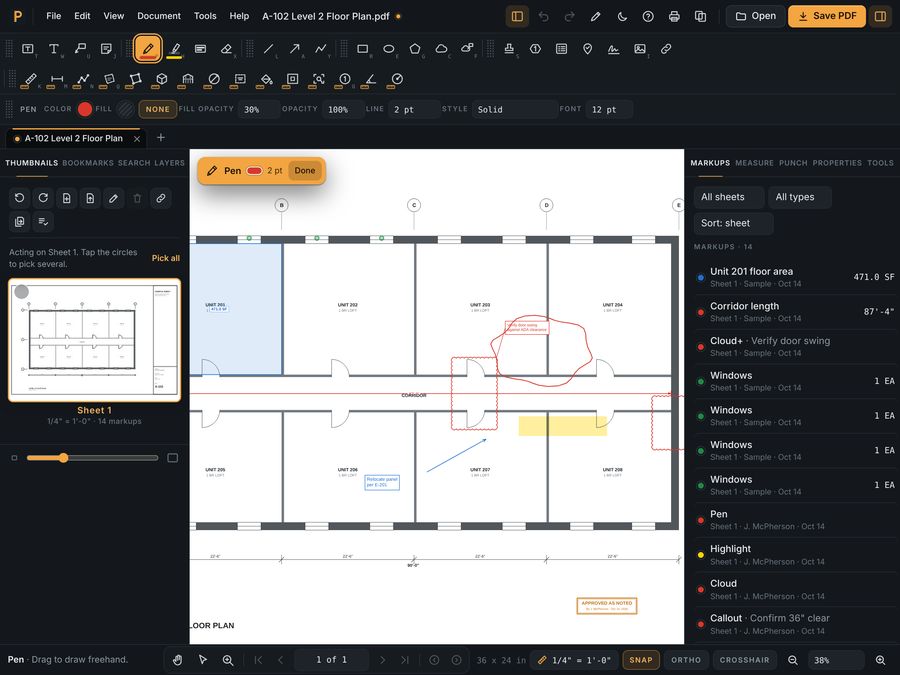 PlanDesk markup: clouds, callouts and stamps on a drawing sheet