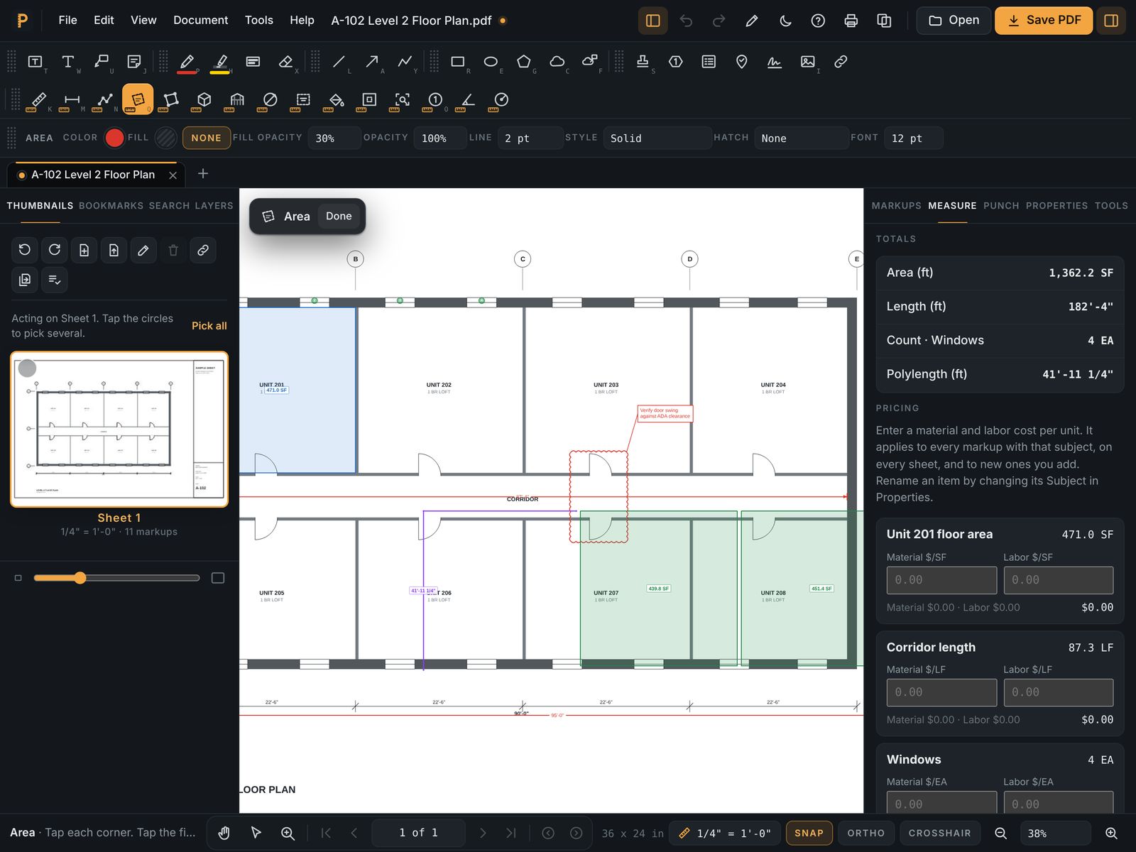 Area and length takeoff on a floor plan in PlanDesk